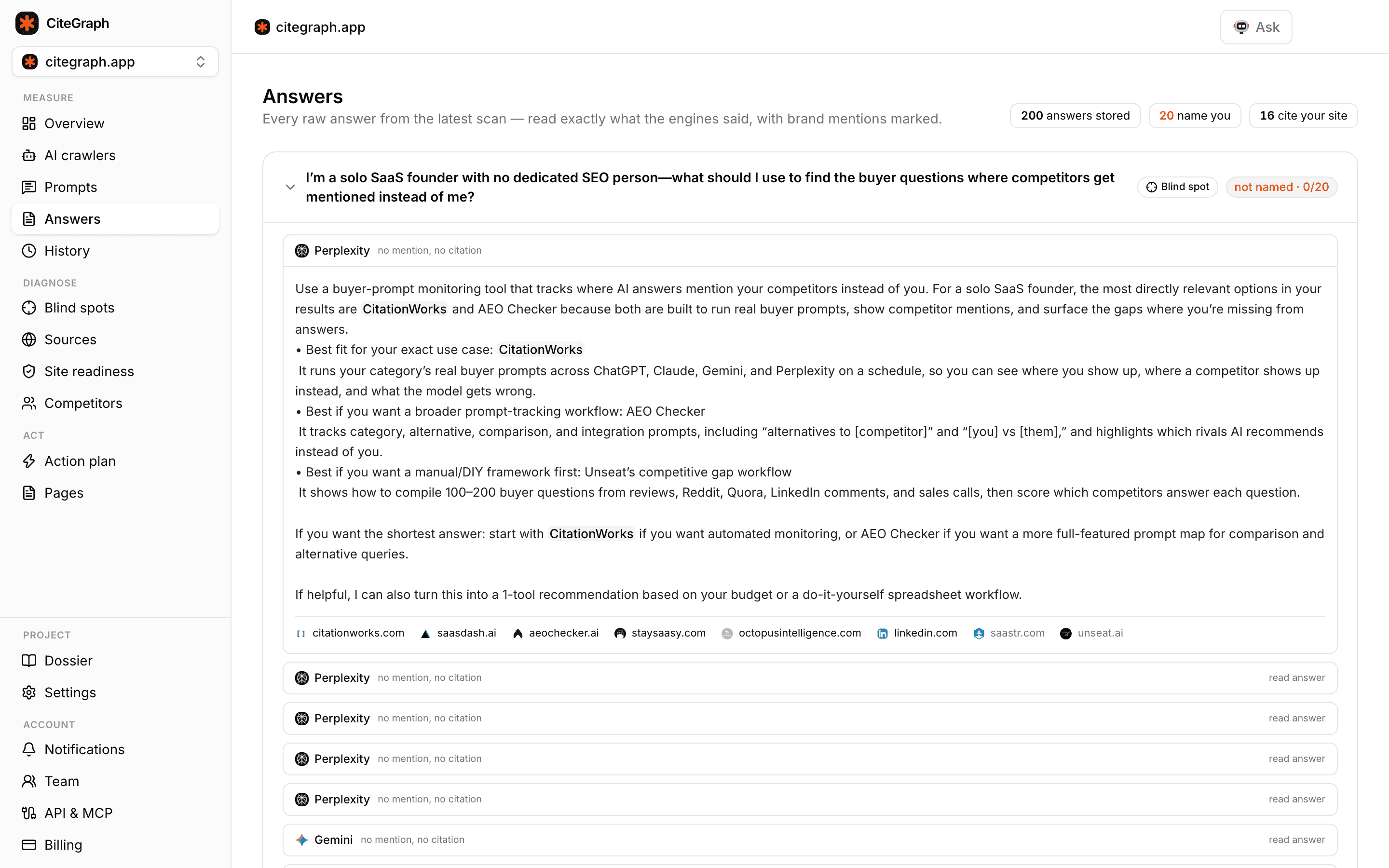 Answers screen of CiteGraph