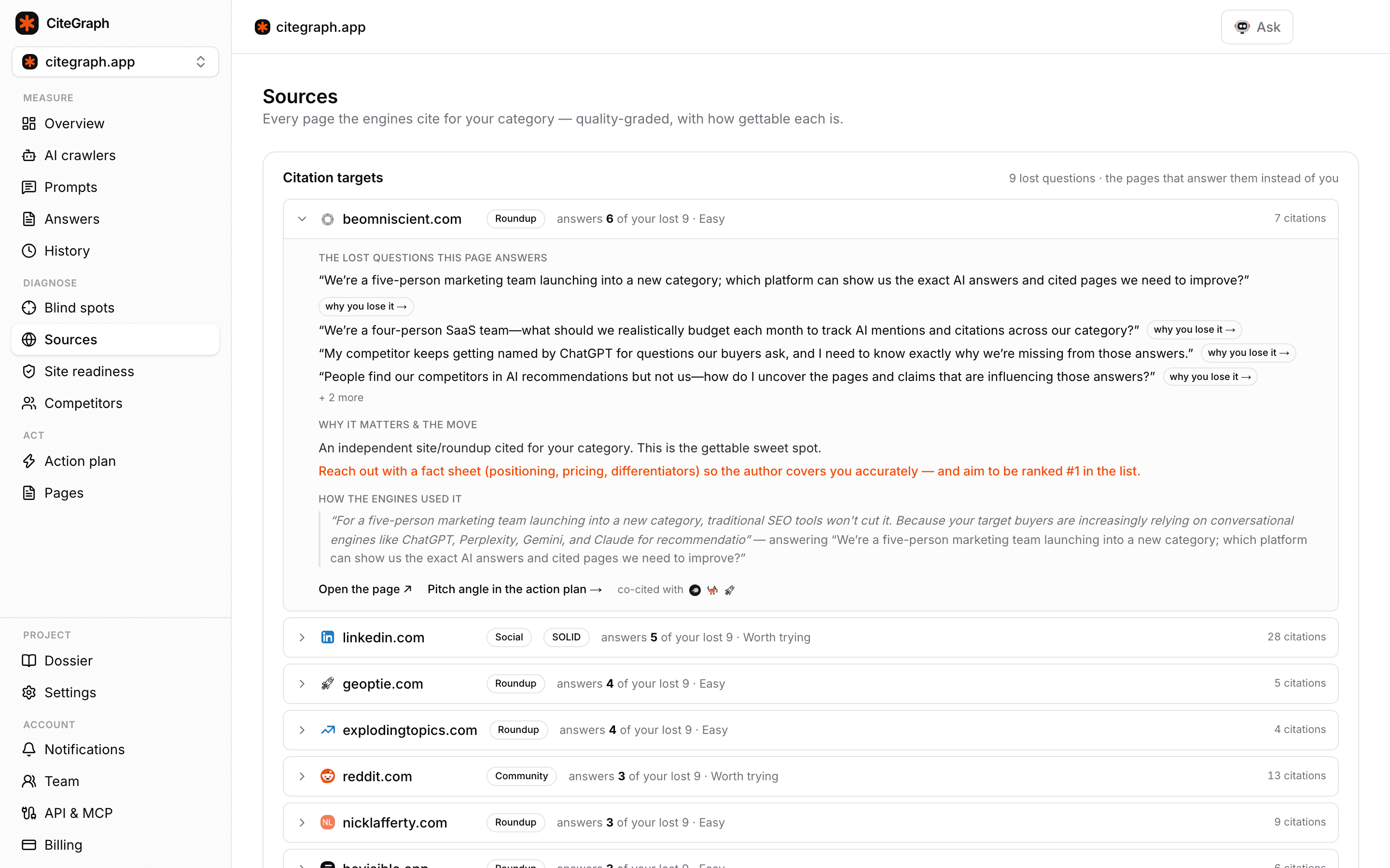 Sources screen of CiteGraph