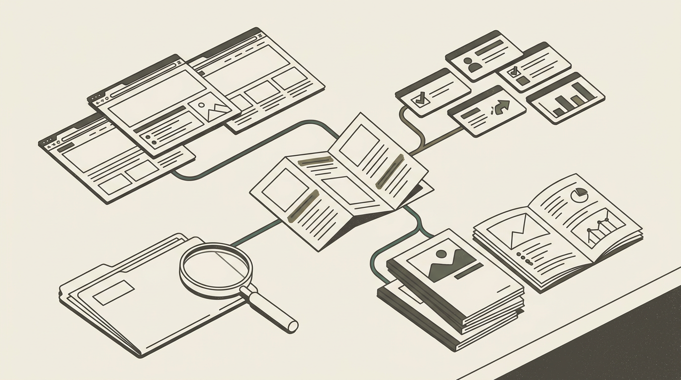 A magnifying glass traces colored threads from a competitor brochure to webpage printouts and source documents.