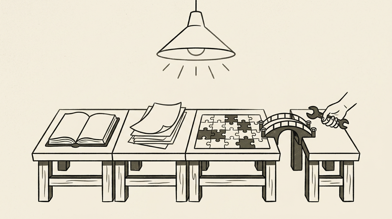 A workbench displays an open book, source pages, missing puzzle pieces, and a wrench repairing a bridge.