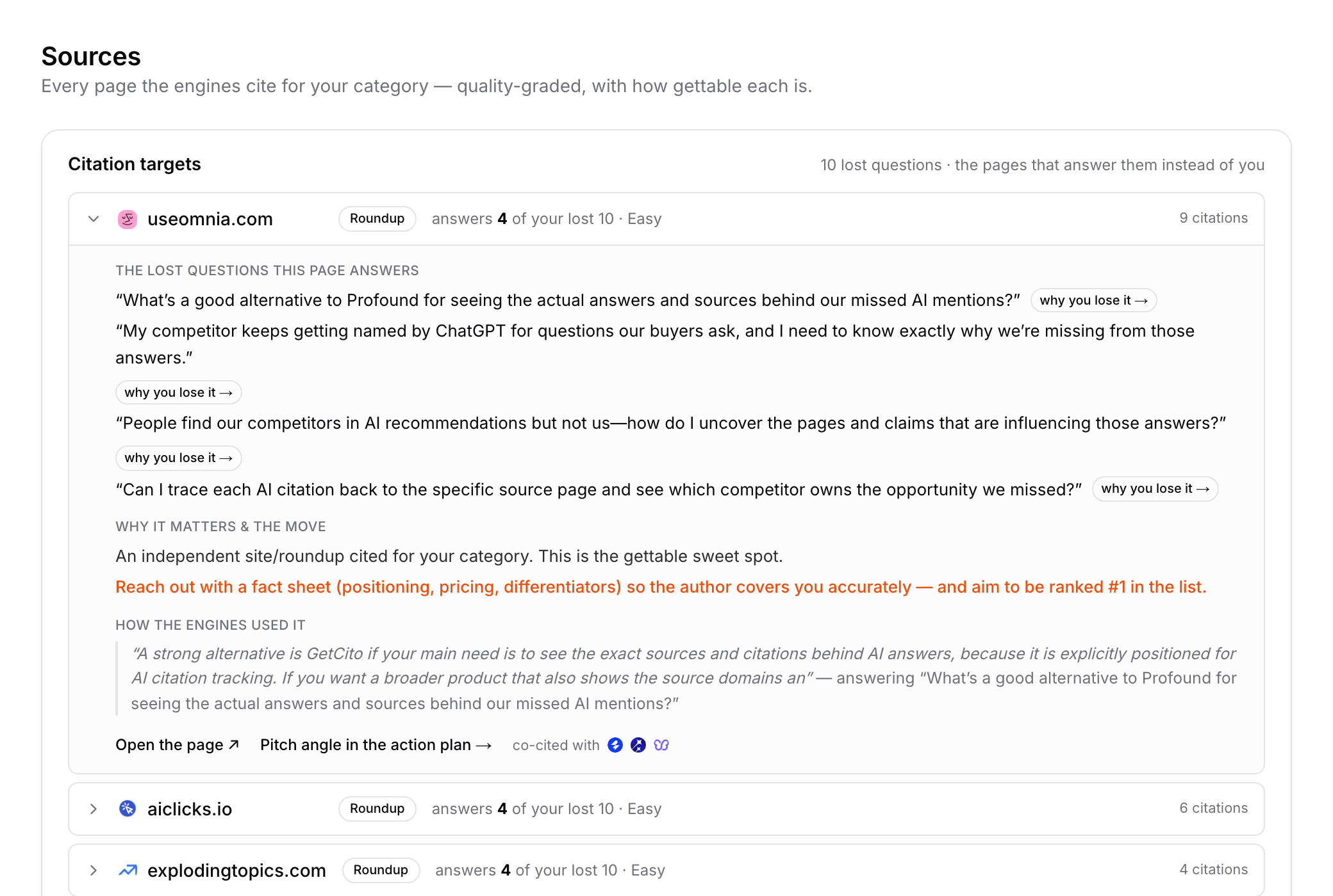 The Sources screen in CiteGraph: citation targets, each showing the lost questions the page answers, why it matters, the move, and how the engines used it
